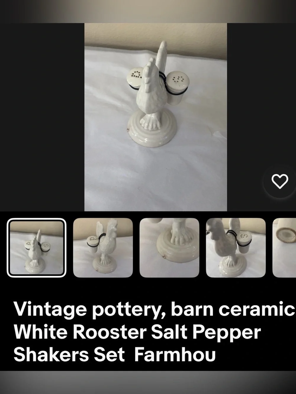 Vintage pottery, barn ceramic White Rooster Salt Pepper Shakers Set Farmhouse